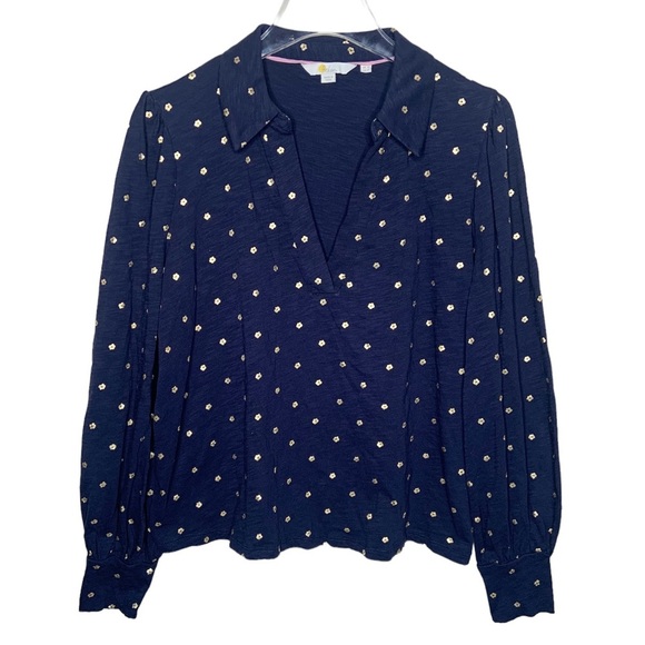 Boden Tops - Boden Blouse Top Size 12 Navy Gold Floral Polka Dot Puff Long Sleeves V Neck